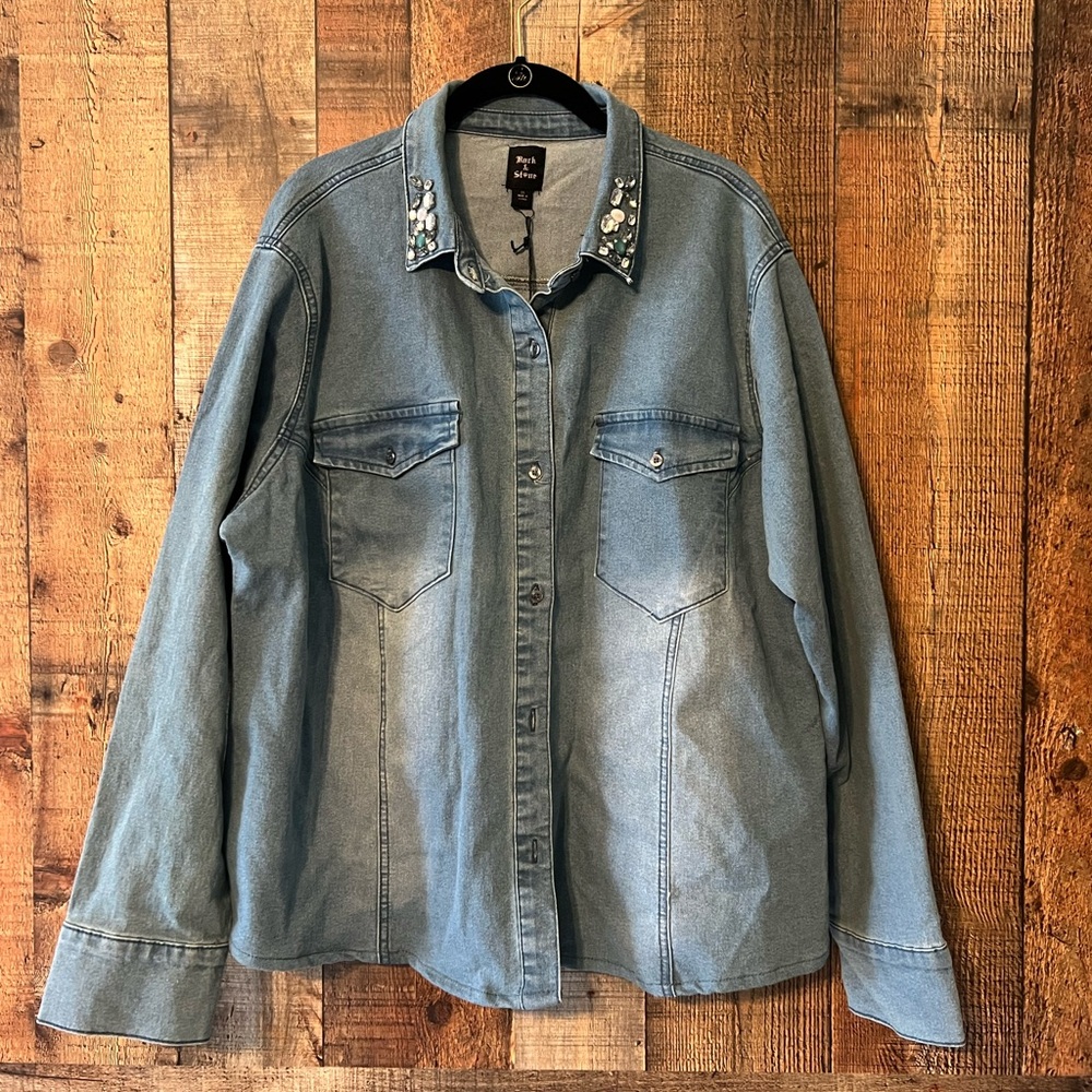 NWT Rack & Stone Jean Shacket with Bling Collar